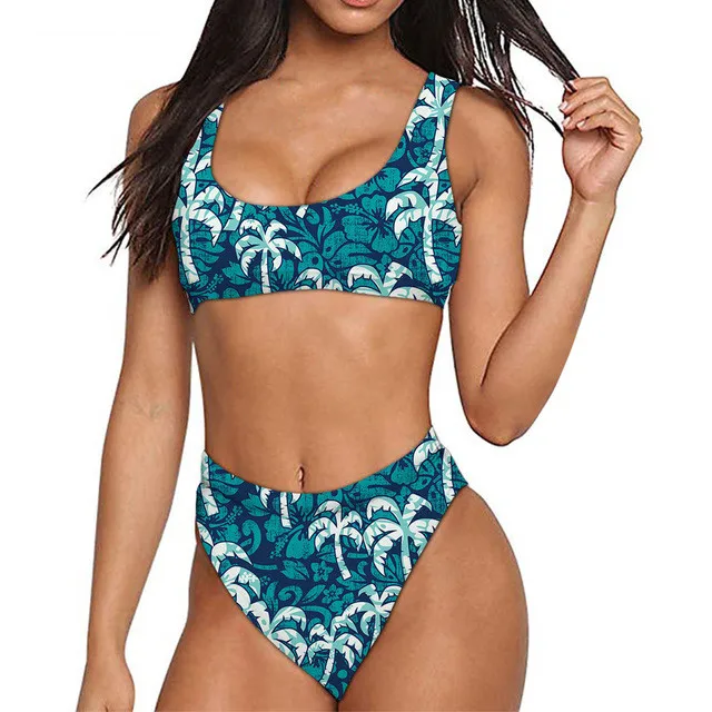 
MOQ 1 High Quality Two Pieces Swimsuit Tropical Trees Pattern Sexy Asian Women In Bikini Swimwear 