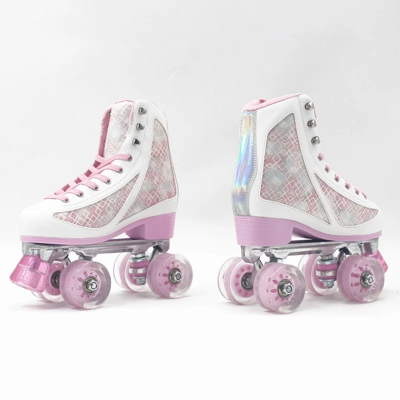The Rental Quad Roller Skates Brake Head Wholesale Price Four PU Wheels Pink Leather Roller Skate Shoes for Adult