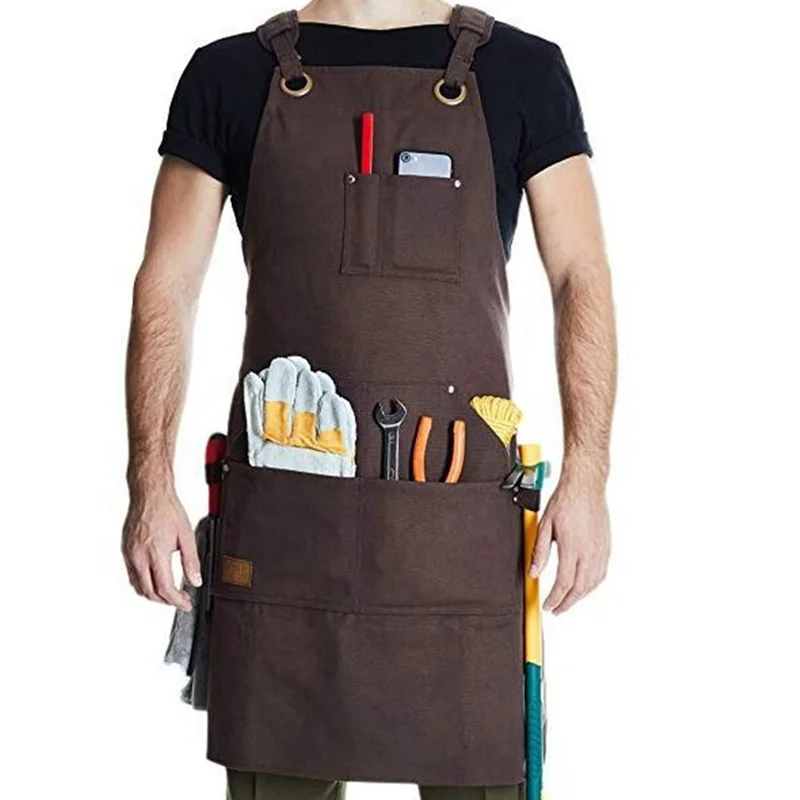 High-grade wet wax canvas apron custom logo carpenter men welding protective apron webbing shoulder strap multi-tool overalls