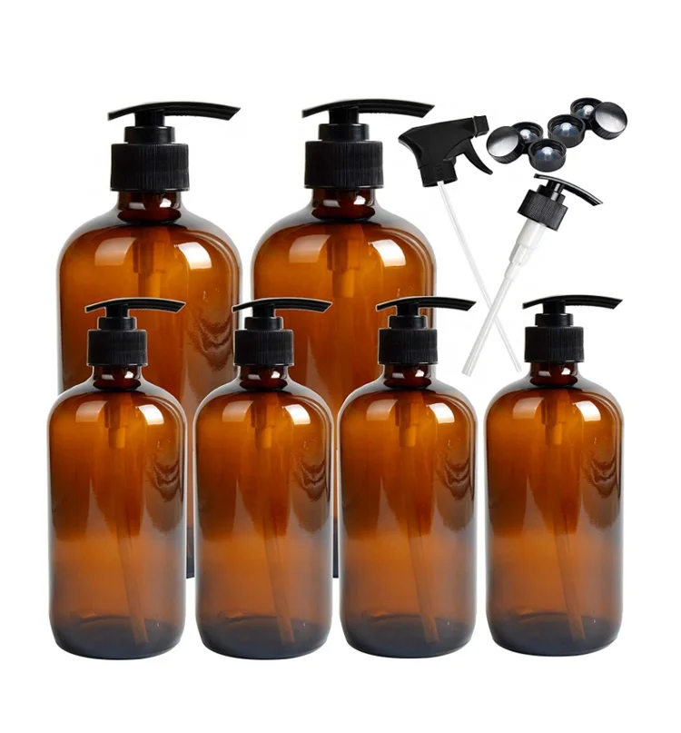 500ml 16oz Empty Boston Round Clear Amber Room Spray Bottle with Trigger Sprayer and Silicone Sleeve for Cleaning