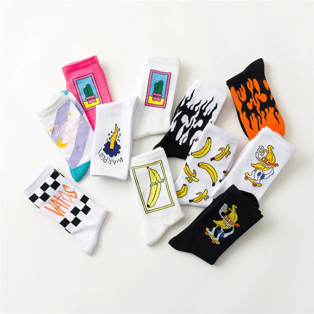 Ins Style Women Men Cotton Socks Hip-hop Female Sports Socks Cactus Banana Street Style Skateboard Crew Socks