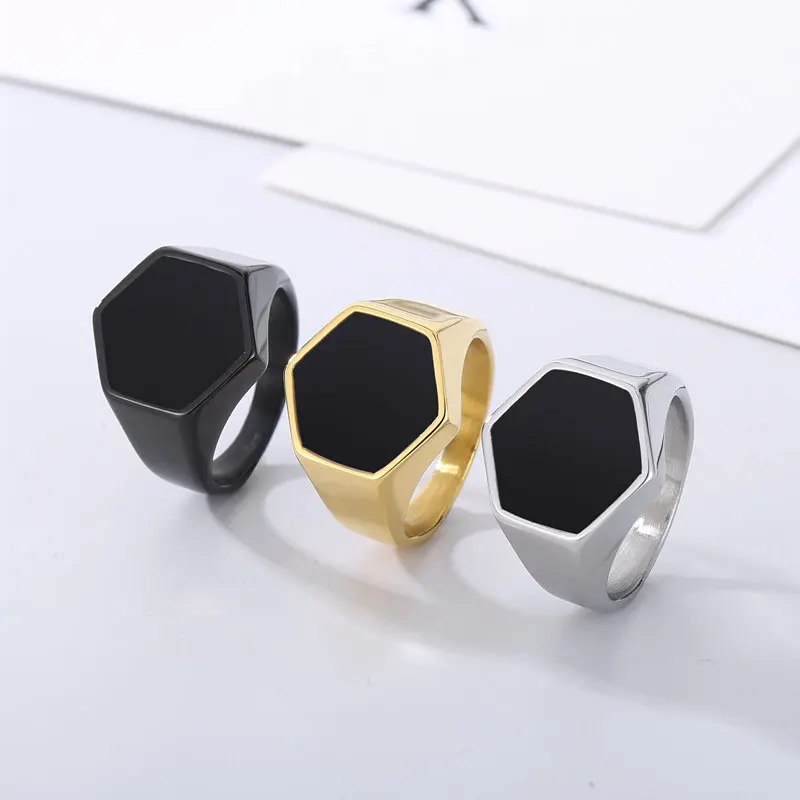 Fashion promise anillos jewelry gemstone custom finger dainty enamel rings vintage stainless steel mens gold signet ring 8MM