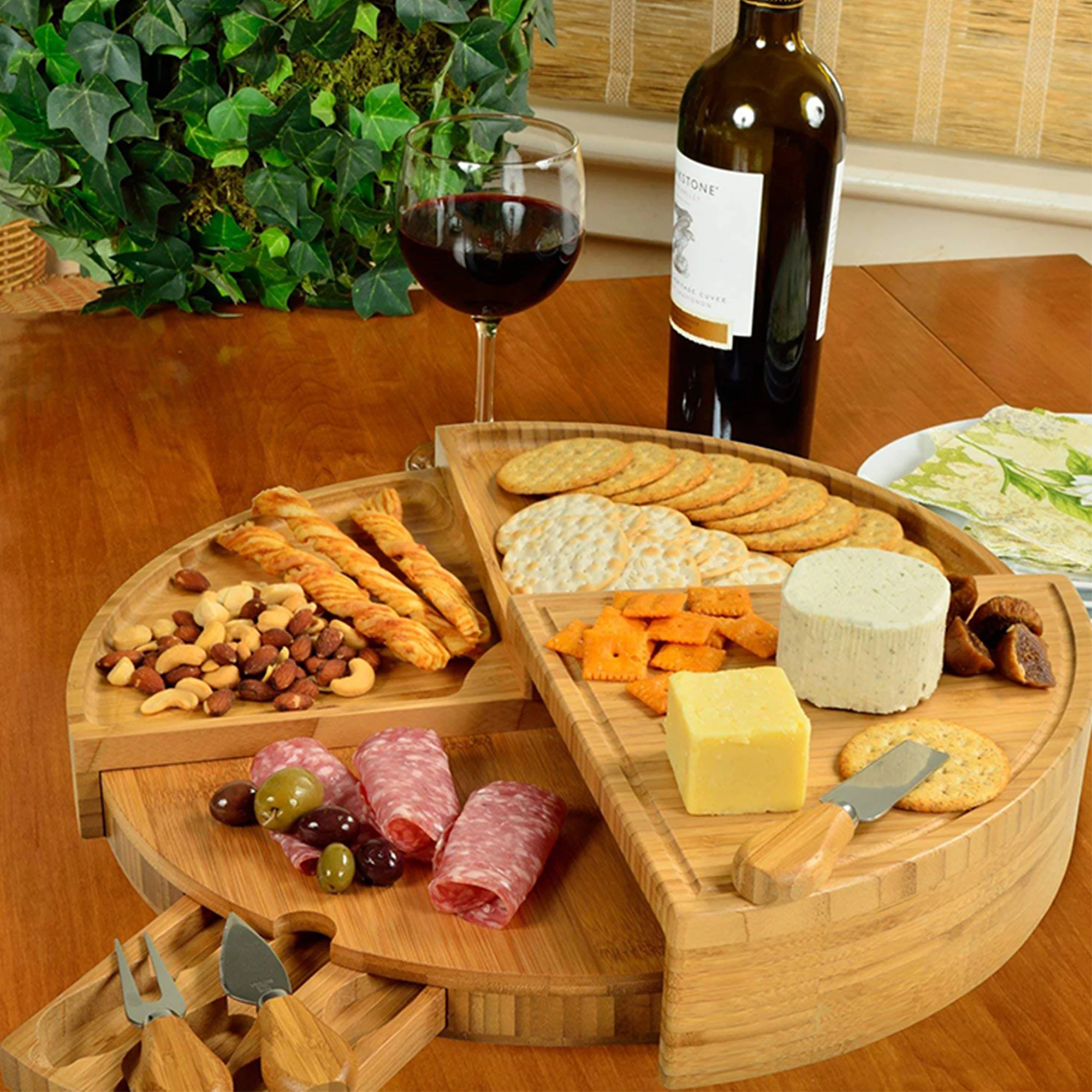 Bamboo Cutting Board With 3 Knife Rotatable Round Cheese Serving Platter Folding Cutting Boards For Fruit Meat