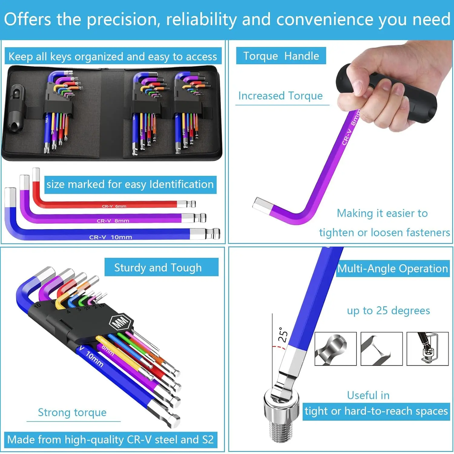 27 PCS Hex Key Set Color-Coded Chrome Vanadium Steel Extended Ball Head With T-handle  Hex Key Wrench