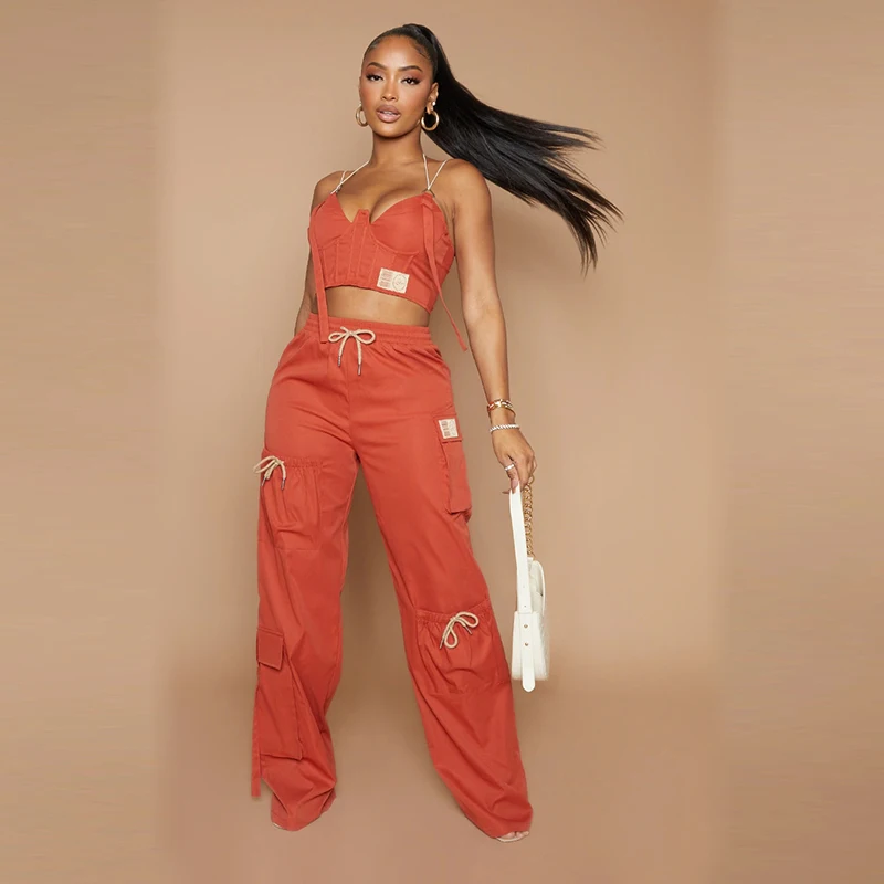 Summer Custom Ropa High Waist Leggings Corset Suits Two Piece Cargo Pants Set Women