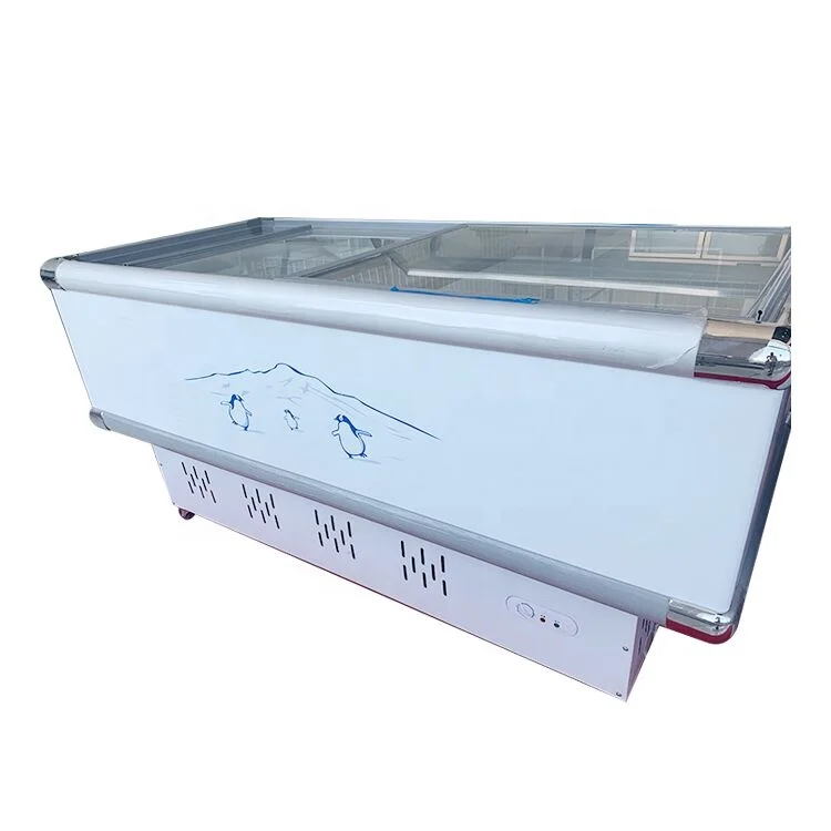 Hot sale supermarket horizontal frozen food island display freezer/top glass door island display icecream seafood chest freezer