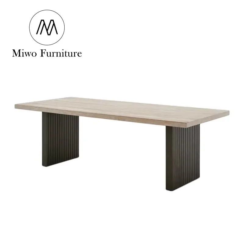 Modern Dining room travertine top dining table rectangle natural solid wood suitable For 6 8 seat multiple people tables