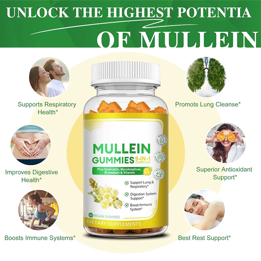 OEM Ready Stock Powerful 9-In-1 Mullein Gummies With Quercetin & Bromelain & Marshmallow For Immune & Respiratory Health Support