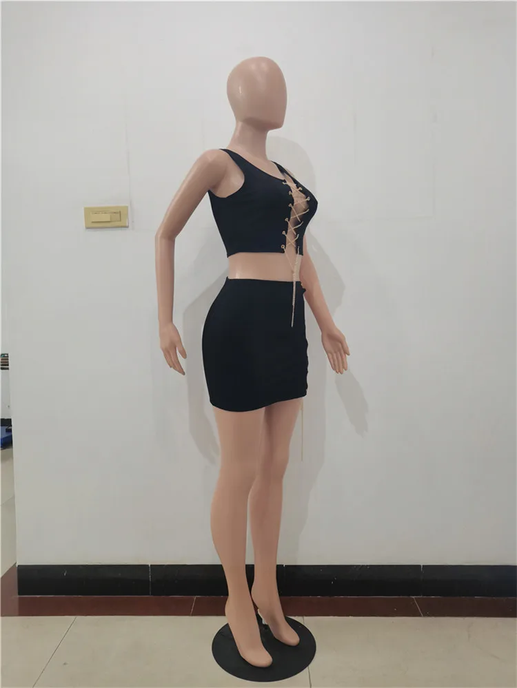 Summer 2021 New Women Fashion Sexy Bandage Chain Crop Top And Mini Skirts Two Piece Set Outfits