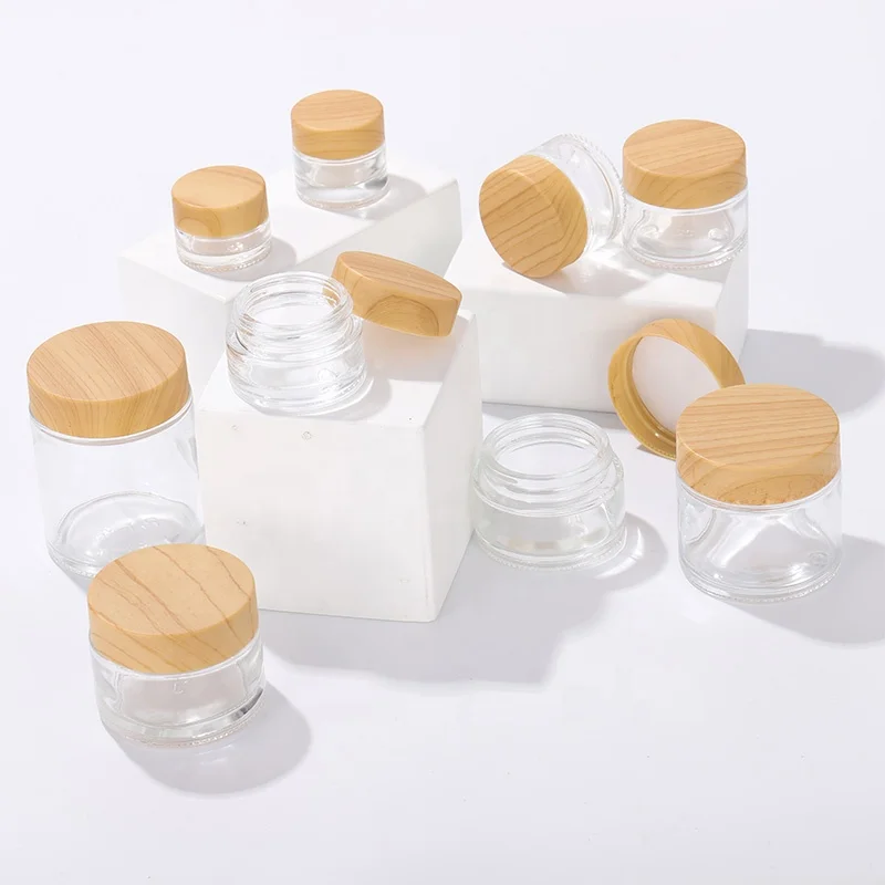 Transparent Glass Cream Jar Cosmetic Jars  Bamboo Wood Lid for use Spread  Face Cream