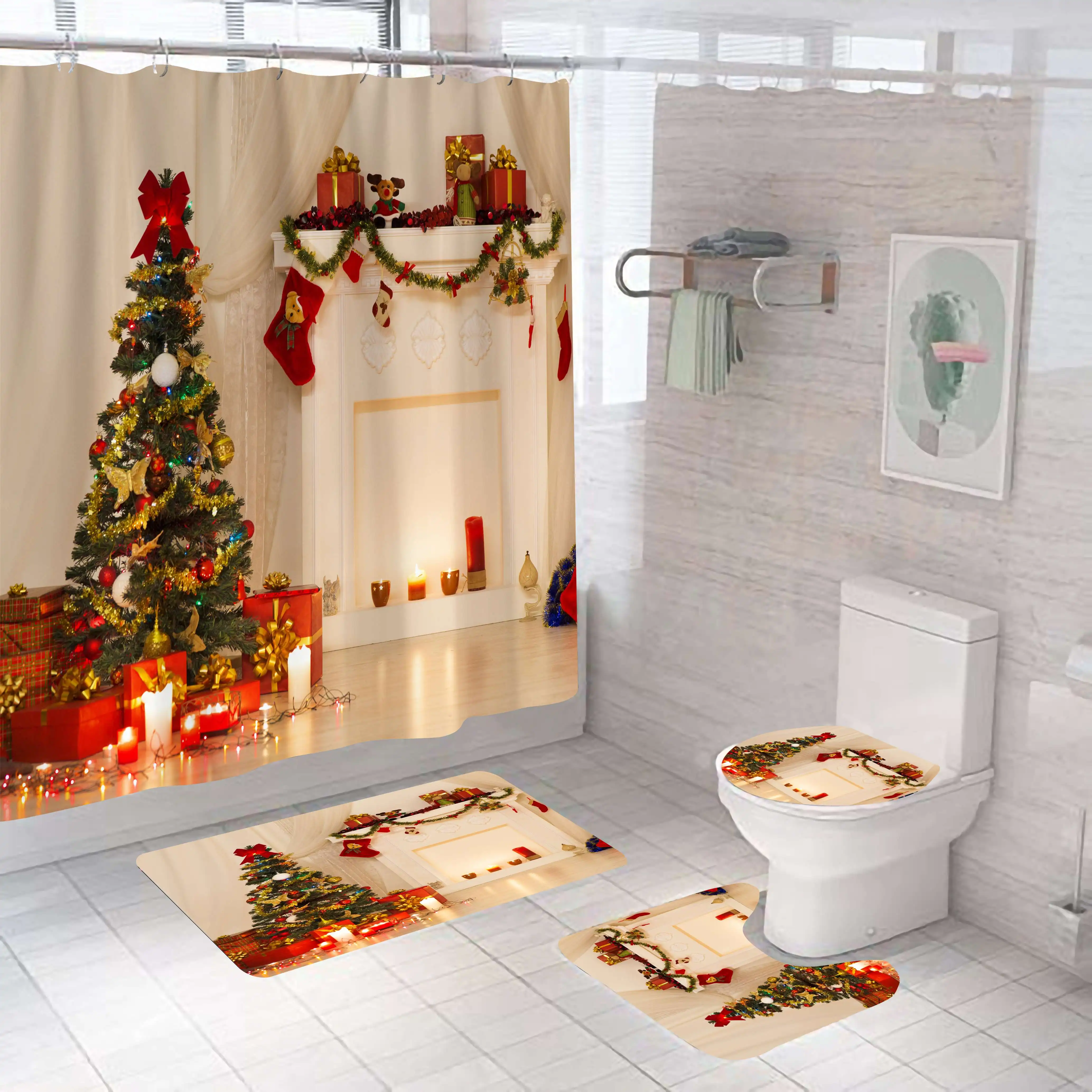 New Product Print Polyester 3D Custom Waterproof Christmas Shower Curtain Set Bathroom Sets With Shower Curtain and Rugs