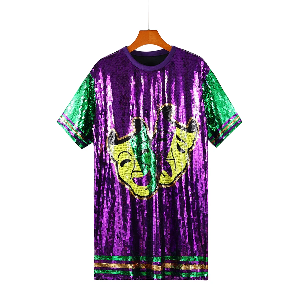 Wholesale Shine Bright Plus-Size Sequin Mardi Gras T-Shirt Dress Handmade Round Neck Sparkling Dazzling Look Sexy Knee Jersey
