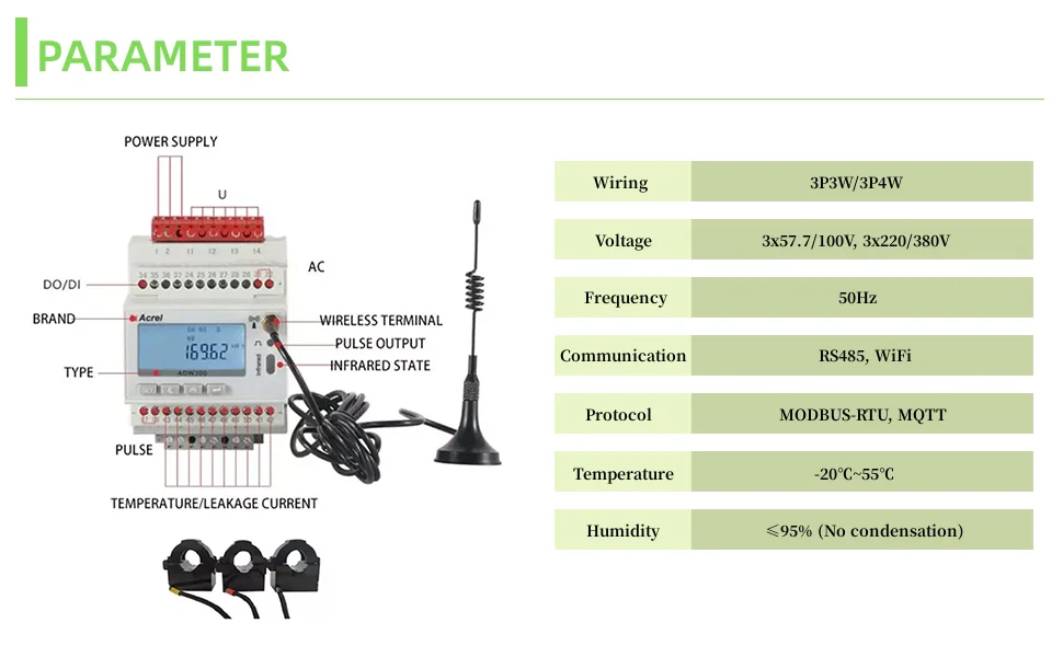 Acrel ADW300W-WF Wireless Power Meter Three Phase Din Rail RS485 WiFi with 3 External CTs for EMS System