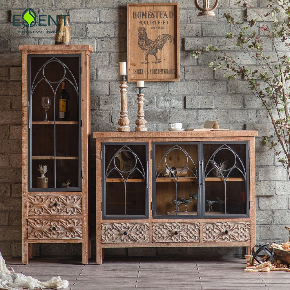 Farmhouse Vintage Wood Cabinet Sideboards with Mirrored Doors Antique Console Storage Cabinets Buffet Cabinets
