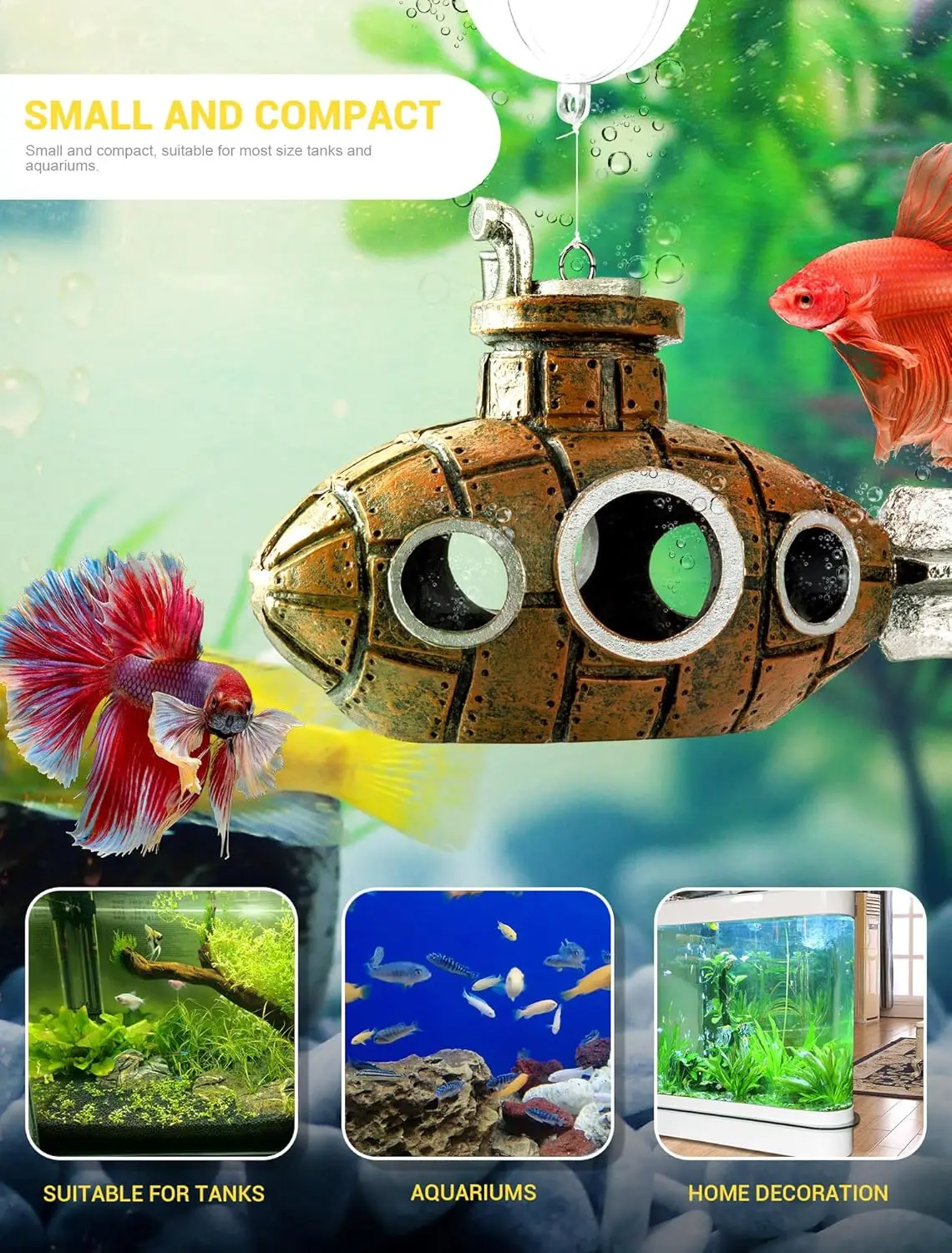 Floating Fish Tank Decoration, Little Cute Retro Submarine Aquarium Decoration with Two Float Balls