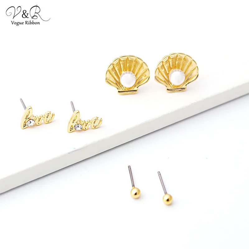 V&R Fashion Jewelry Gold Plated Ocean Conch Sea Shell Starfish Pearl Stud Earrings For Women