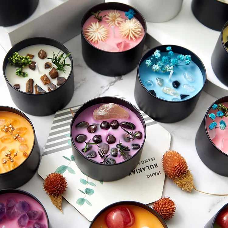 Custom Logo Best Gift Scent Oil Low Moq Guest Sand Wax Black Glass Three Wick 7 Chakra Healing Scented Candle