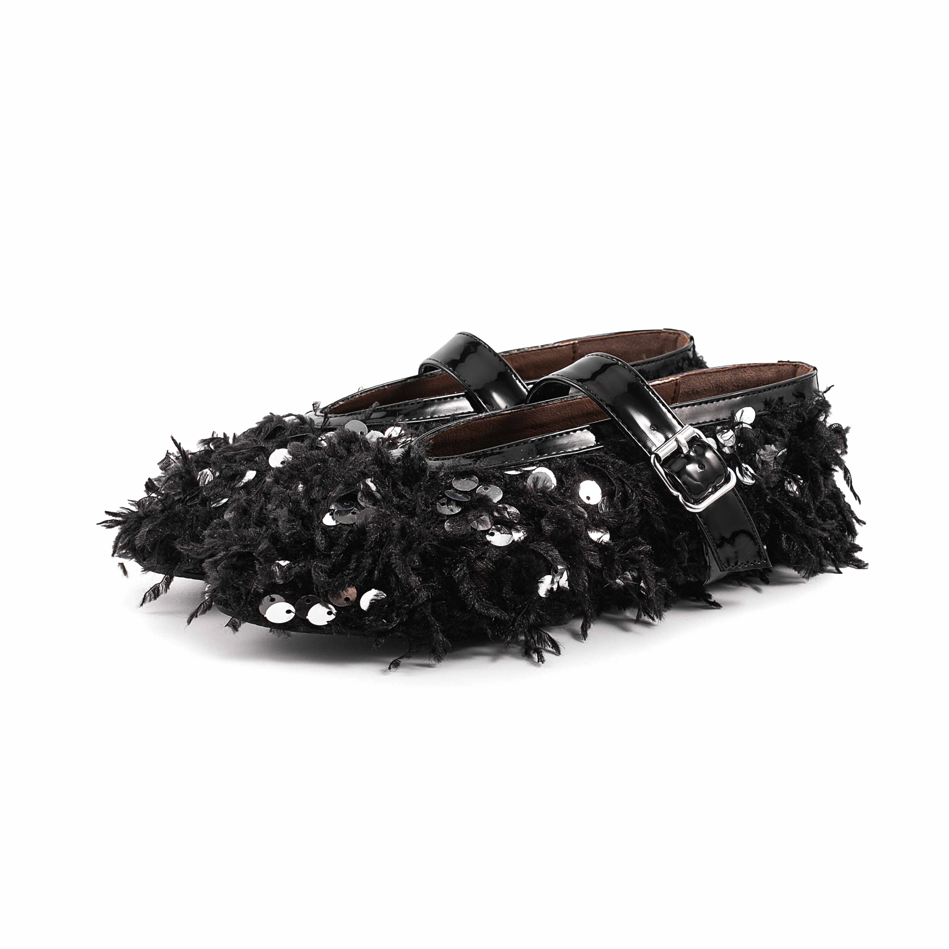 2024 Luxury Black Sequin Mix Feather Upper Women Ballet Shoes Round Toe Flat Ladies Mary Jane Shoes