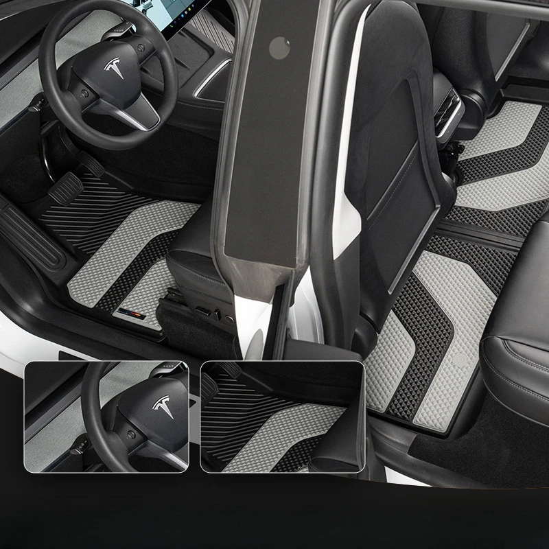 Customized Alloy LOGO LICHI Leather Car Mat Injection Molded Dual Color TPE 3 5 pcs Car Foot Pad For Tesla MODEL Y