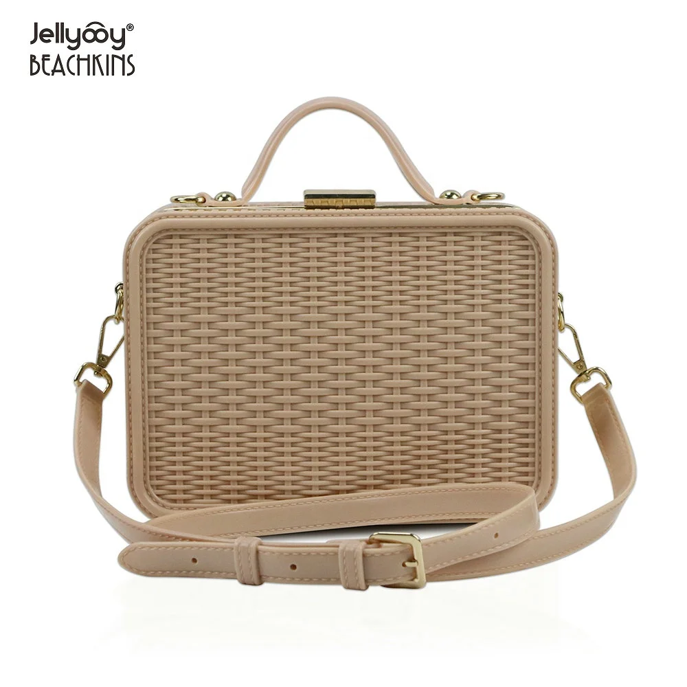 
Jellyooy BEACHKINS Glossy Jelly Box Bags PVC Woven Tote Hand Bag Vintage Suitcase Candy Clear Transparent Handbags For Women 