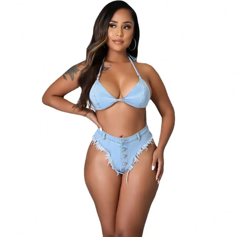 New arrival Sexy Ladies Jean Bikinis Beachwear Denim Bra Tops Booty Shorts Bikini Set Beach Vacation Two Piece Short Outfits