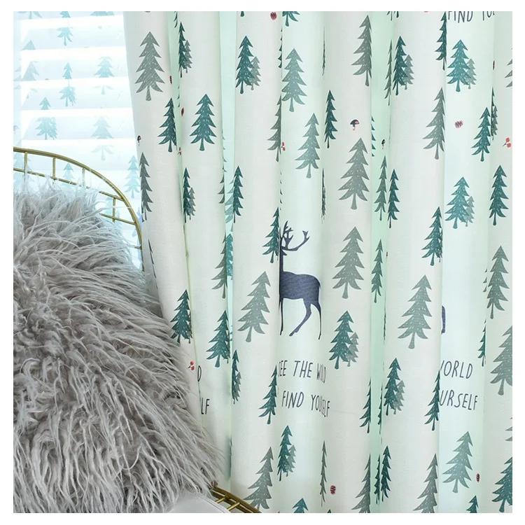 Nordic Style Christmas Milu Deer Animal And Pine Trees Print Bedroom Curtains Cartoon Plant Printed blackout thick Curtain