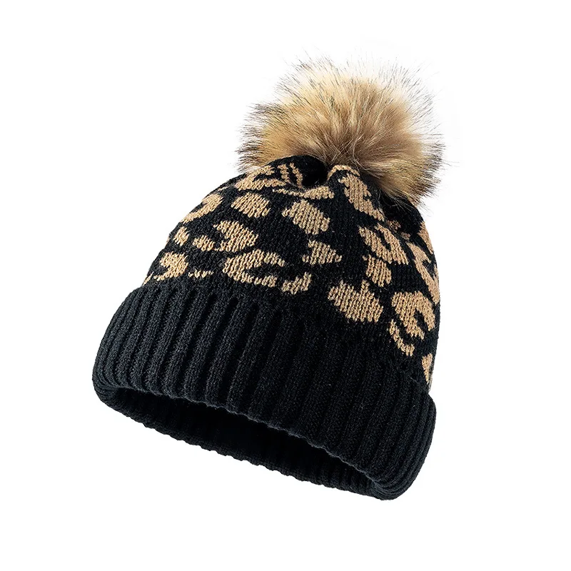 Wholesale New Trend Accessories Fur Ball Leopard Cheetah Pom Pom Beanie Printed Knitted Cap Warm Winter Hat for Women Lady Girl