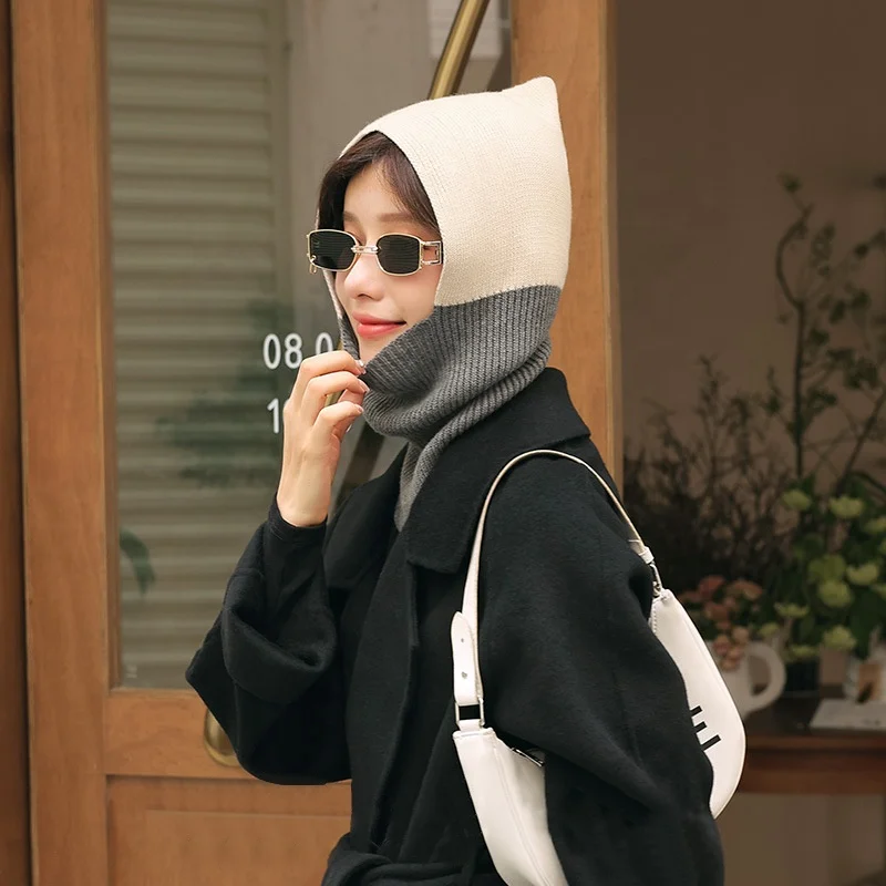 Custom Knit Winter Warm two tone color Balaclava Hoodies Hats  neck warm ear protection knitted beanie hat