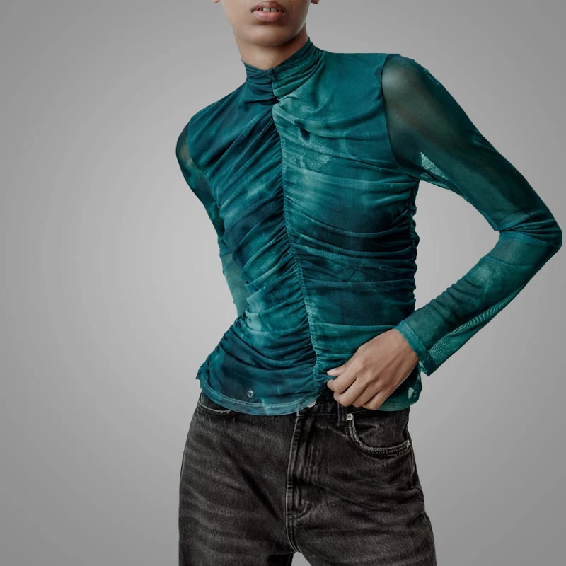 New Hotsale Long Sleeve Mesh Tops High Neck Zip Design Church Design Print Blouse Basic Wear Online