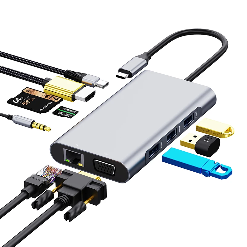 10 in 1 USB C Hub With Gigabit Ethernet Adapter 4K HDTV SD TF Solt Type C Docking Station For MacBook Pro Laptop Hub USB