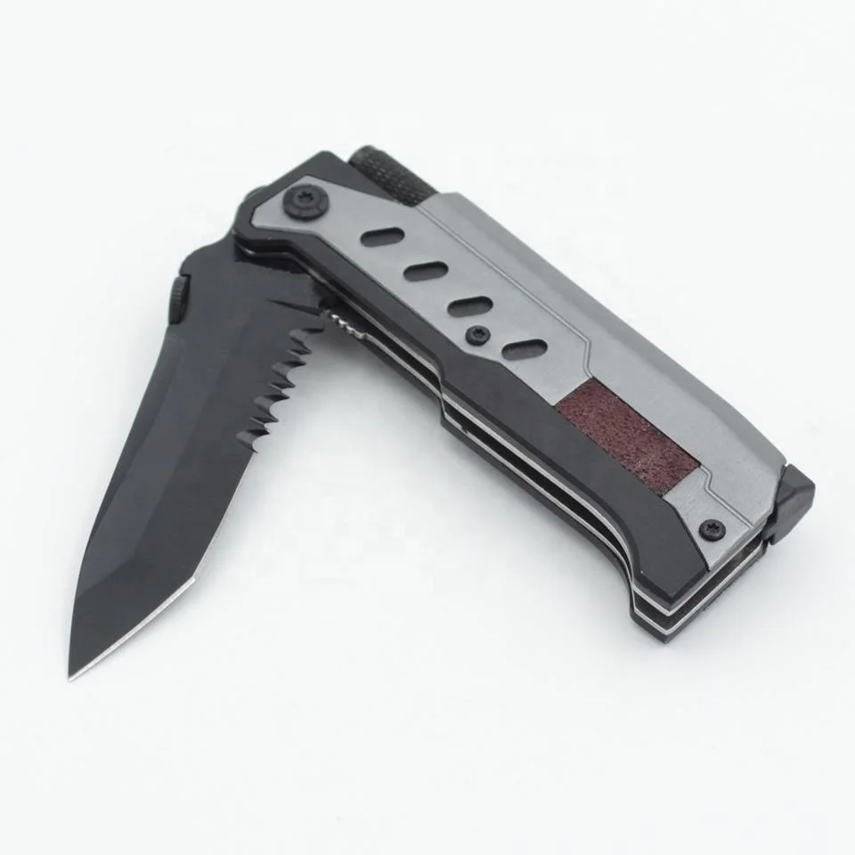 Wholesale Aluminium Handle Blackening Blade Camping Survival Folding Pocket Knife with Fire Starter and Flashlight