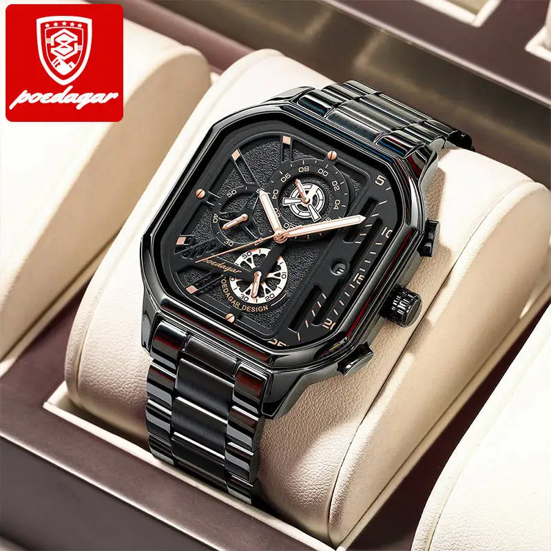 2023 New POEDAGAR 992 Luxury Watch Business Waterproof Male Clock Luminous Date Stainless Steel Square Quartz Men Watch rel