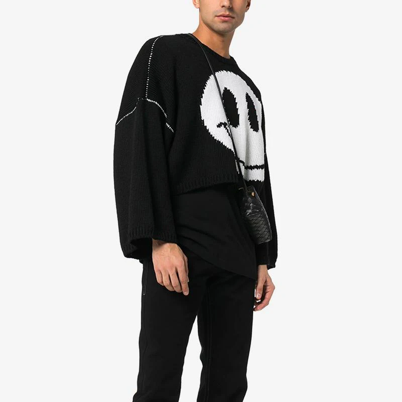 custom logo 100% virgin wool oversized crew neck cropped men sweater knitted pullover designer smiley intarsia knit sweater men