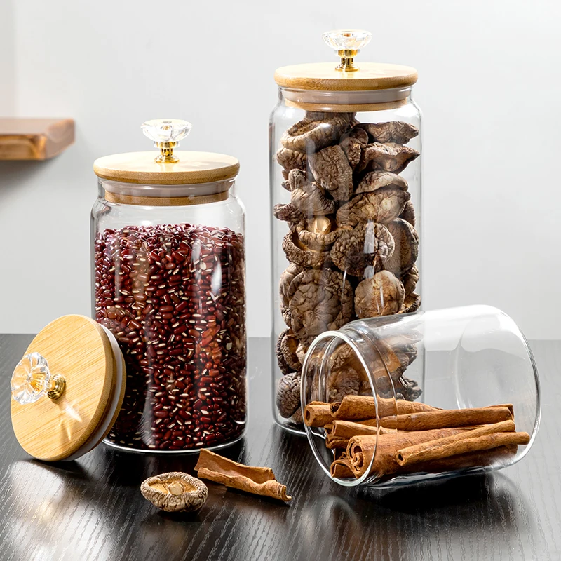 Manufacturer BPA free  non-toxic Clear Cylinder High Borosilicate Glass Canistor Glass Jar with Bamboo lid diamond decoration