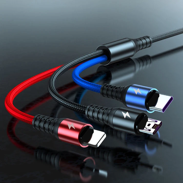 Нейлоновый тканевый Плетеный цветной 5А Мути 3 в 1 быстрый зарядный usb-кабель