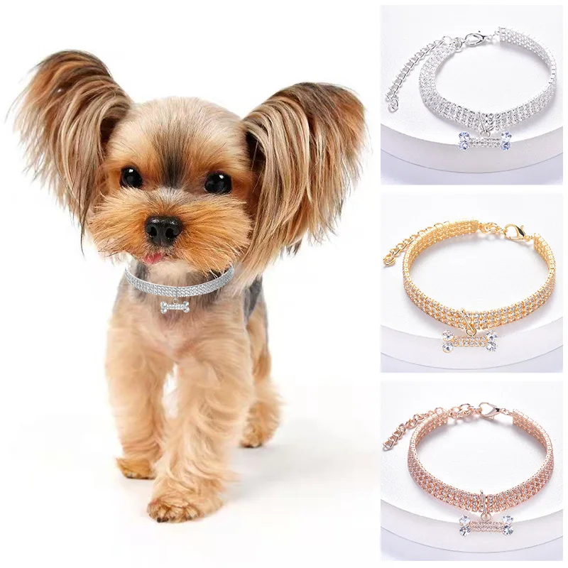 Adjustable Pet Necklace Cat Dog Collar with Diamond Zircon Bone Pendant Jewelry Luxury Metal Copper Puppy Collars