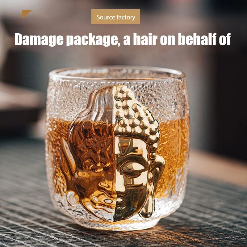 Hot Selling Crystal  Glass Cup Gold-Faced Buddha Glass Cup Coffee Kung Fu Tea Cup Whiskey Glasses For Bar