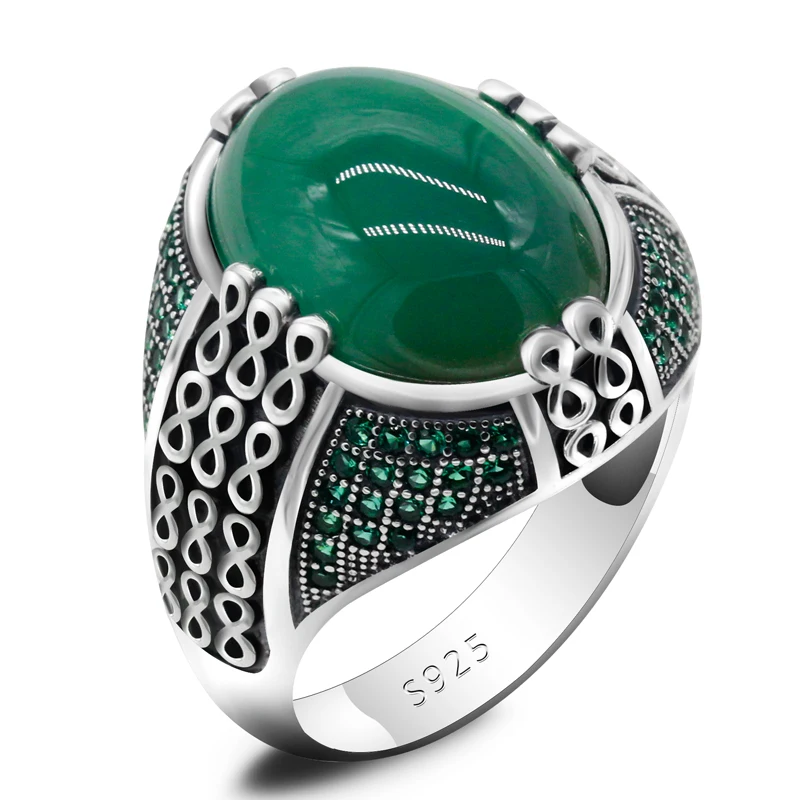 Online Wholesale Jewelry 925 Sterling Silver Green Agate Mens Rings