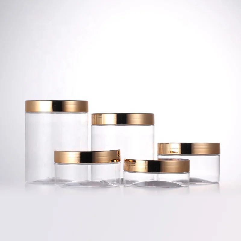 empty 8oz PET Plastic clear cosmetic jar with gold silver top lid for cream skin care packaging container