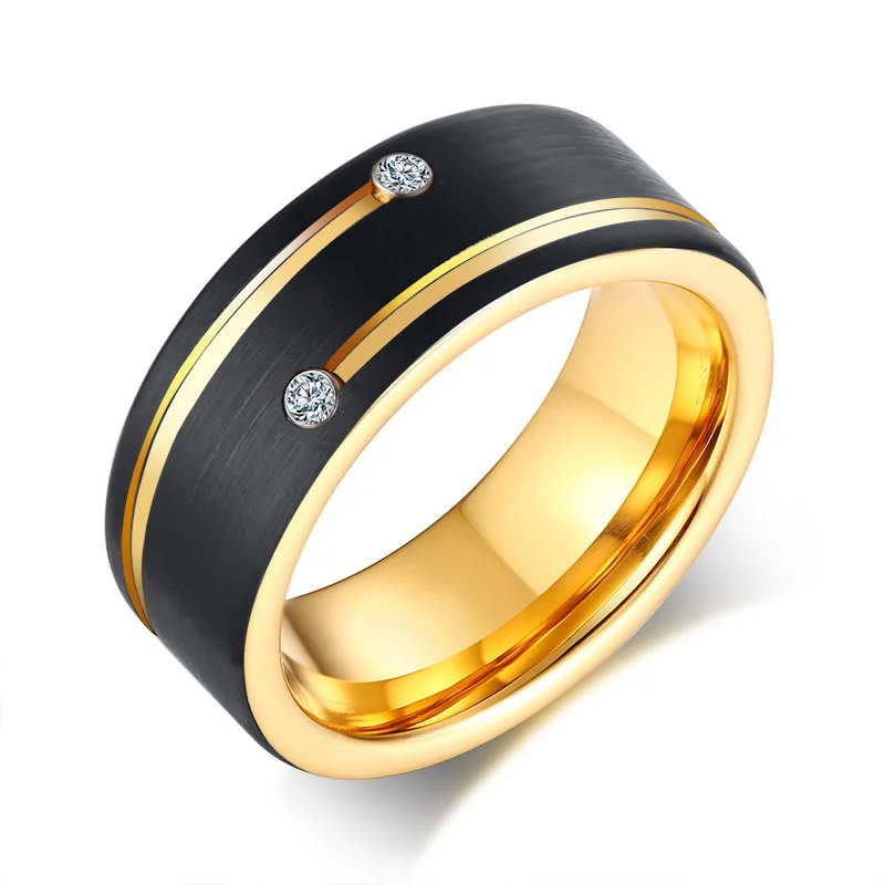 Black Gold Color 8mm Stainless Steel Rings  Men Simple Cubic Zirconia Double Groove Rings Wedding B Male Alliance Jewelry