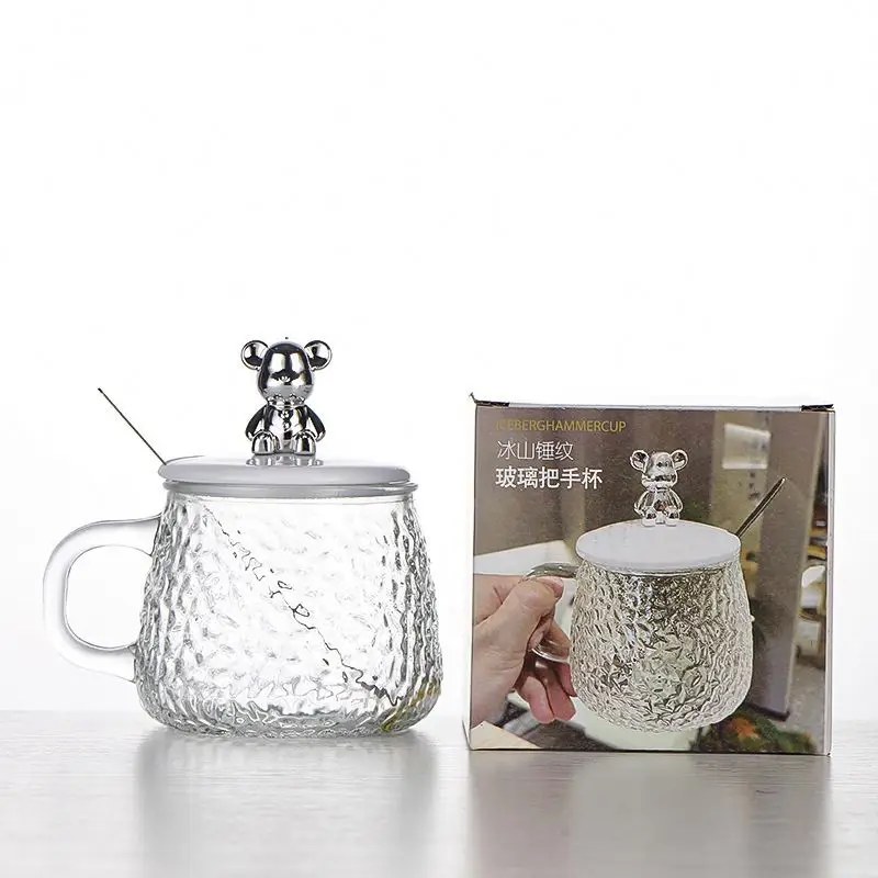 400Ml Beverage Mug Little Bear Hammer Pattern Frosted Handle Mug Glass Water Coffee Cup With Lid