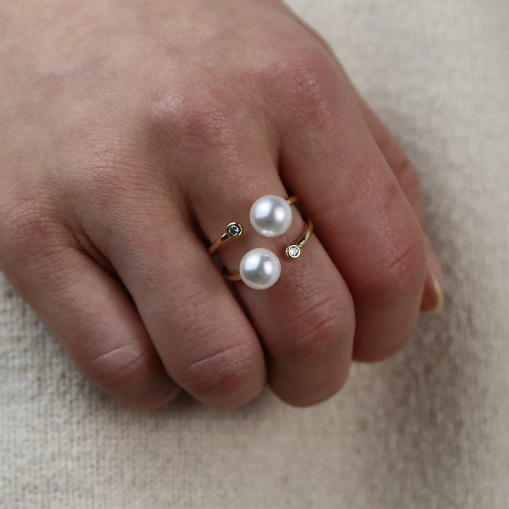 Summer New Fashion Sea Pearl Jewelry Gold Plated Double Wrap Fresh Pearl Ring
