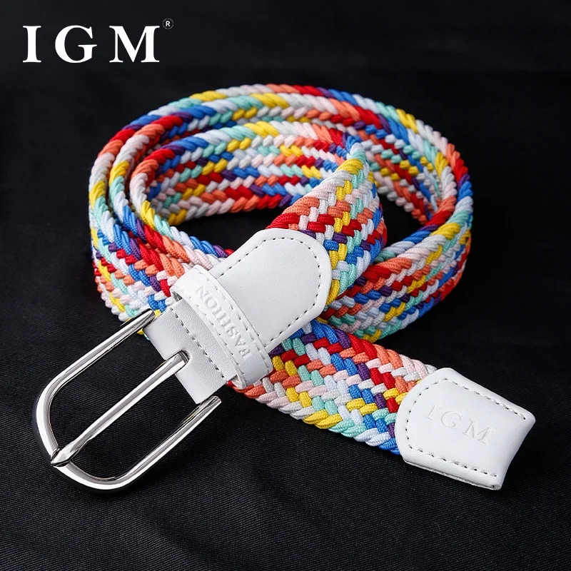 30mm Custom Women Casual Fashion Stretch Fabric Woven Colorful Rainbow Braided Elastic Belt