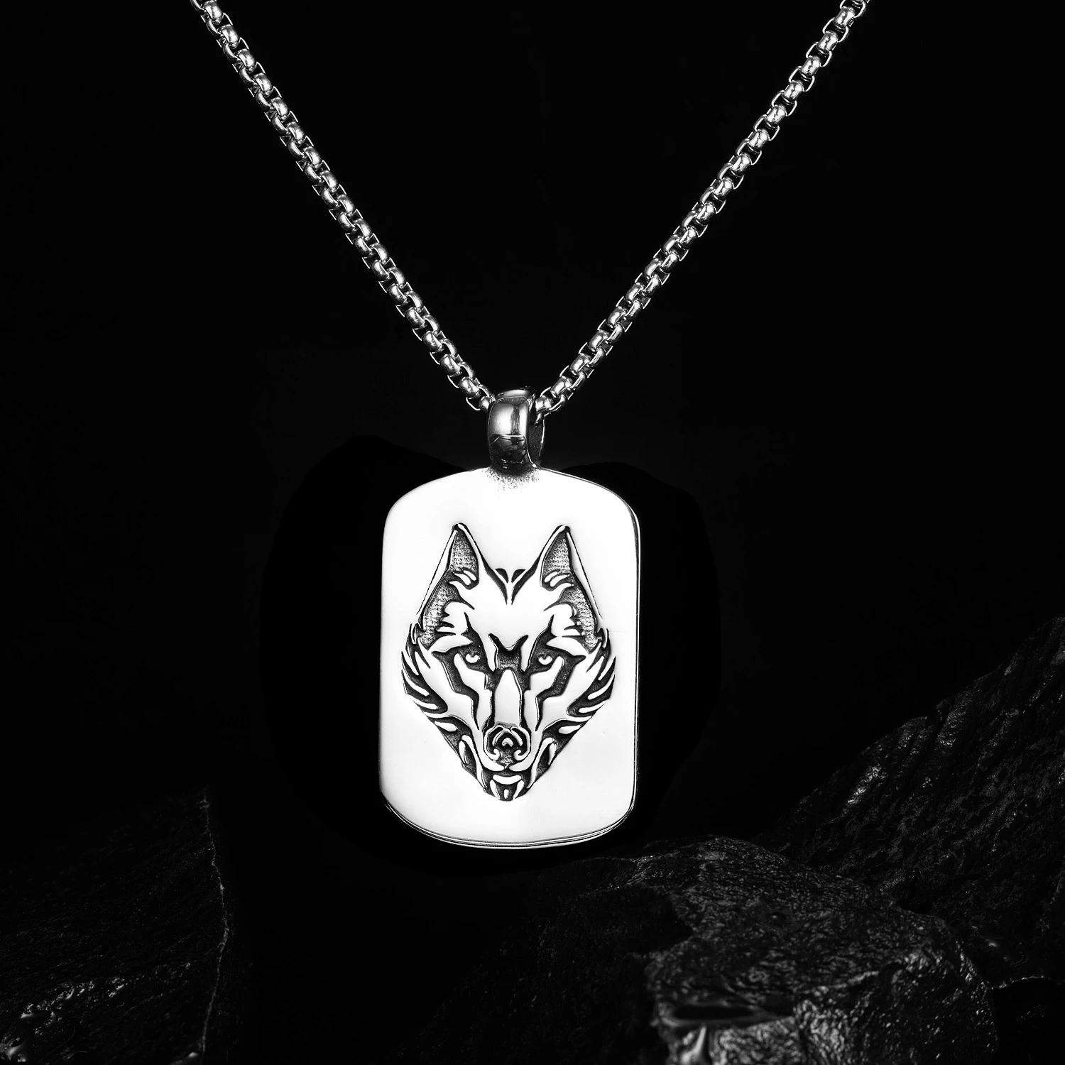 Silver Wolf Necklaces Carving Wolf Head Amulet Pendant with Box Chain Obsidian Blessing Lucky Pendants Wolf Dogtag Necklaces