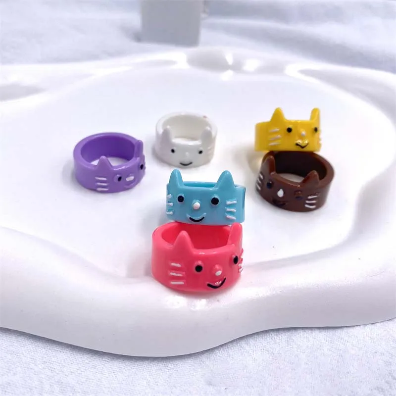 Cute Cats Kitten Resin Acrylic Ring Small Animal Cartoon Three-Dimensional Knuckle Ring Chunky Index Finger Joint Ring Women