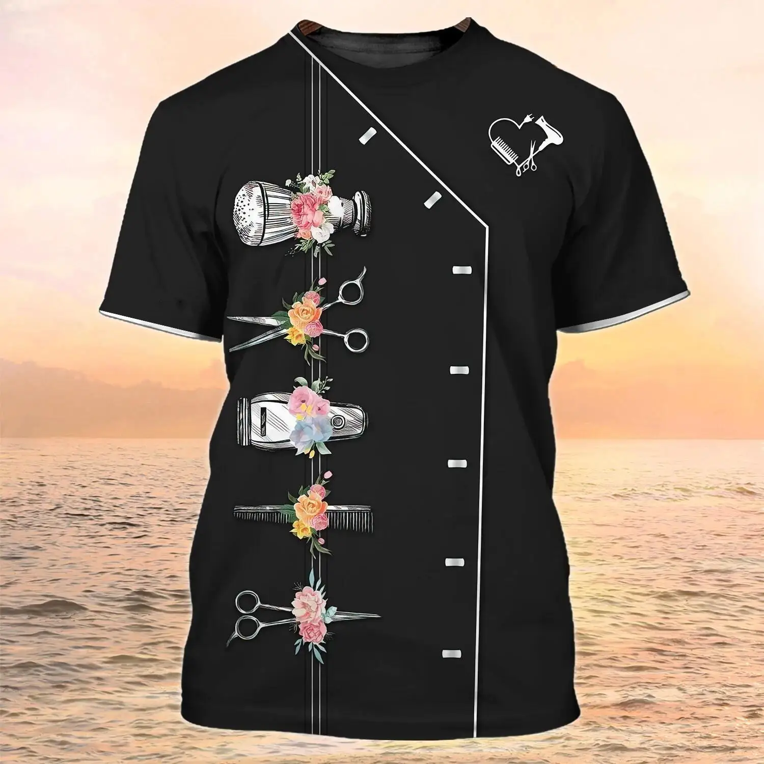 New fashion European and American Barber work clothes 3D digital print summer casual T-shirt