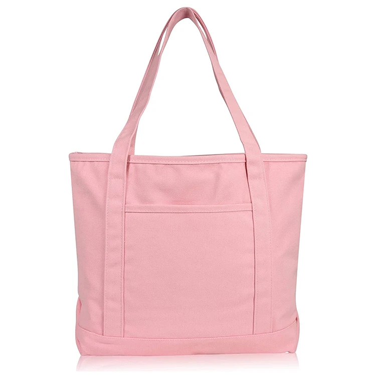 Custom Cotton Canvas Logo Zipper Tote Bag pink Shoulder Bags With Large Capacity