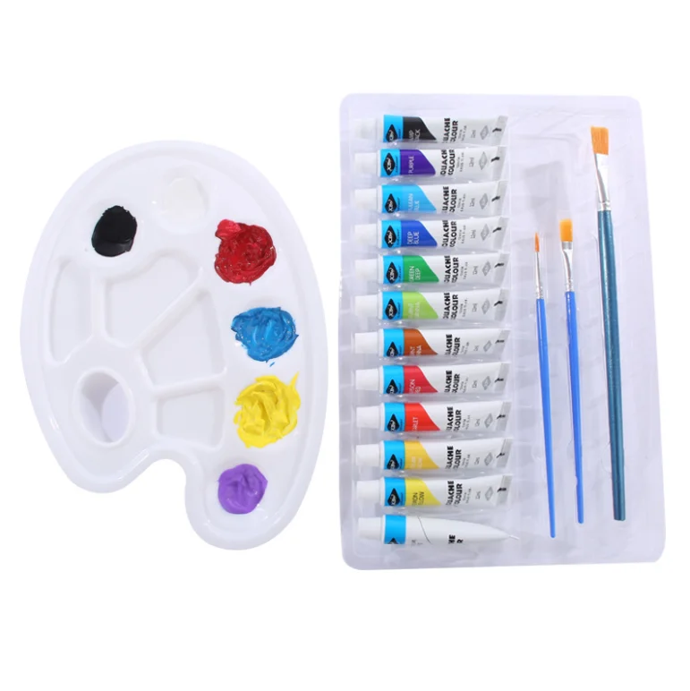 Factory wholesale gouache paint 12 colors 12ml graffiti painting paint set free brush palette