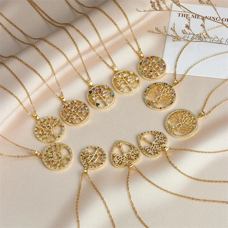 Hot Sale Gold Plated Round Heart Lucky Tree Necklace Colorful CZ Zircon Tree Of Life Charms Necklace