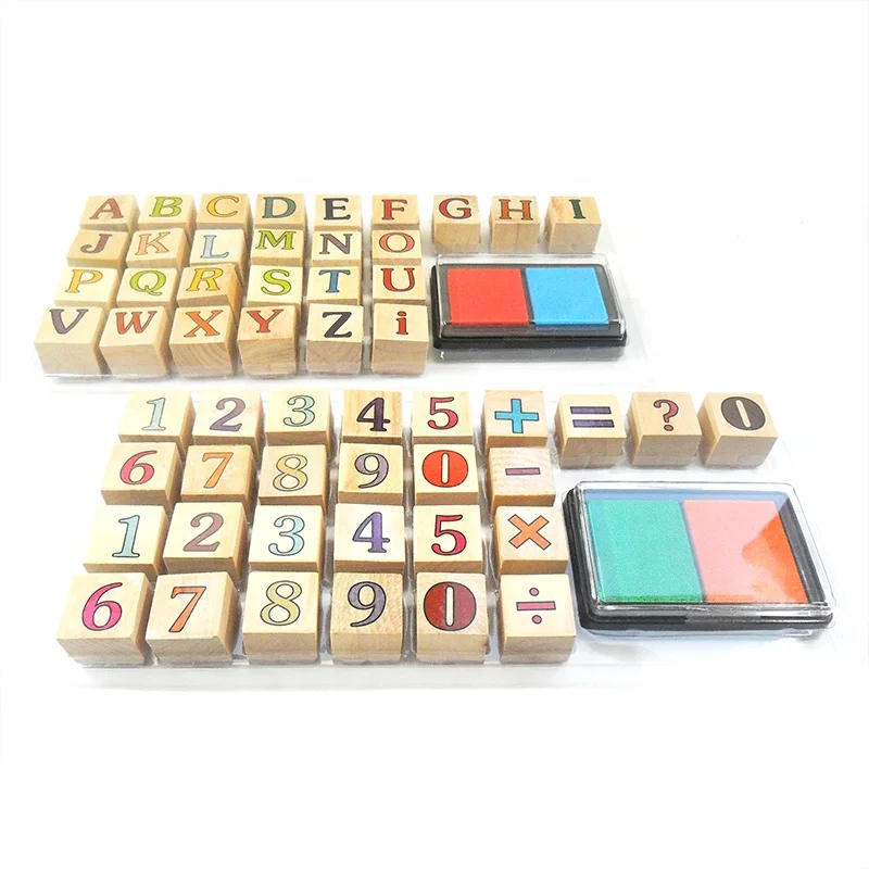 Children Toys Custom Personalised Alphabet Letter Number Wooden Stamp Set for Kids With Ink Pad